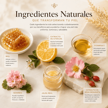 Cargar imagen en el visor de la galería, Ingredientes naturales para el kit quita manchas facial, incluyendo miel, extracto de citricos y jalea real.
