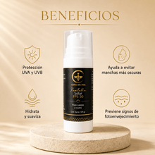 Cargar imagen en el visor de la galería, Protector solar FPS 50 miel y lavanda, protección UVA y UVB, previene manchas oscuras y signos de fotoenvejecimiento.