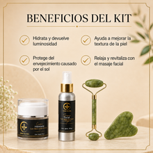 Cargar imagen en el visor de la galería, Beneficios del kit de cuidado para piel luminosa: hidratación, mejora de textura, y revitalización.