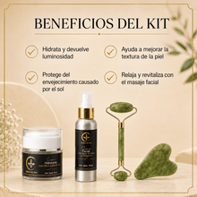 Cargar imagen en el visor de la galería, Beneficios del kit cuidado piel luminosa: hidratación, mejora de textura, y relajación con masaje facial.