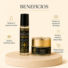 Cargar imagen en el visor de la galería, Kit para ojeras y bolsas con gel y crema para un contorno de ojos hidratado y rejuvenecido.