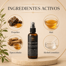 Cargar imagen en el visor de la galería, Spray para Imperfecciones con Propóleo y Miel con ingredientes activos como propóleo, miel, tepezcuhuite y alcohol cosmético.