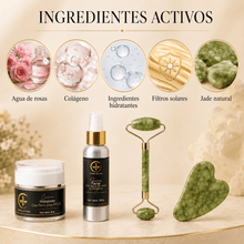 Cargar imagen en el visor de la galería, Kit cuidado piel luminosa con ingredientes activos como colágeno, agua de rosas y jade natural.