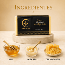 Cargar imagen en el visor de la galería, jabón miel jalea real piel seca madura junto a ingredientes como miel, jalea real y cera de abeja