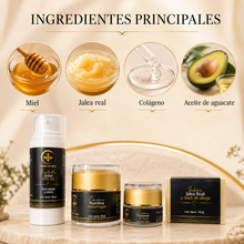 Cargar imagen en el visor de la galería, Ingredientes principales del kit antiarrugas colageno rutina facial: miel, jalea real, colágeno y aceite de aguacate.