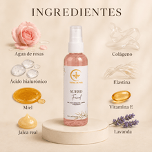 Cargar imagen en el visor de la galería, Suero facial hidratante con agua de rosas y ácido hialurónico, ingredientes como colágeno y vitamina E.
