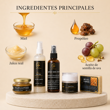 Cargar imagen en el visor de la galería, Ingredientes principales del kit para piel grasa y acné: miel, jalea real, propóleo y aceite de semilla de uva.