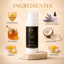 Cargar imagen en el visor de la galería, Protector solar FPS 50 miel lavanda y sus ingredientes como miel, lavanda, aceite de coco y vitamina E.