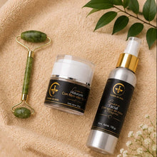 Cargar imagen en el visor de la galería, Kit cuidado piel luminosa con rodillo facial y productos hidratantes sobre una toalla suave