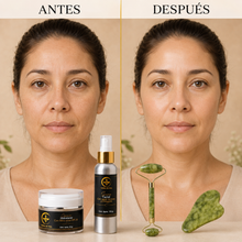 Cargar imagen en el visor de la galería, Antes y después del uso del kit de cuidado para piel luminosa con productos de hidratación y un rodillo facial.
