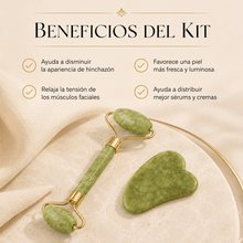 Cargar imagen en el visor de la galería, Kit Gua Sha y Rodillo de Jade con beneficios para la piel: disminuye hinchazón, mejora luminosidad y distribuye serums.
