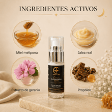 Cargar imagen en el visor de la galería, Ingredientes activos de la Crema de Noche para Manchas con Miel Melipona y Geranio: miel, jalea real, geranio y propóleo.
