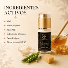 Cargar imagen en el visor de la galería, Ingredientes activos de crema de día para manchas con FPS 50: miel, jalea real, extracto de chícharo y filtros solares.
