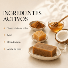 Cargar imagen en el visor de la galería, Ingredientes activos del jabón de miel para piel grasa: tepezcohuite, miel, cera de abeja y aceite de coco.
