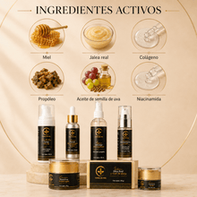 Cargar imagen en el visor de la galería, Imagen de los ingredientes activos del Kit Antiedad: miel, jalea real, colágeno, propóleos, aceite de semilla de uva y niacinamida.
