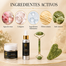 Cargar imagen en el visor de la galería, Kit de cuidado para piel luminosa con ingredientes activos como rosa, colágeno, y jade natural.
