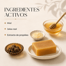 Cargar imagen en el visor de la galería, Ingredientes activos del jabón de miel y propóleo para imperfecciones: miel, jalea real y extracto de propóleo.

