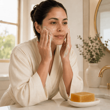 Cargar imagen en el visor de la galería, Mujer aplicando jabón de miel y propóleo para imperfecciones en su rostro, luciendo fresca y cuidando su piel.
