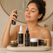 Cargar imagen en el visor de la galería, Kit para piel grasa y acné, rutina de 5 pasos, productos para piel saludable, mujer aplicando spray en su rostro.
